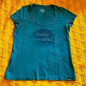 LIFE IS GOOD hunter green distressed Hello Sunshine v-neck t-shirt cap Medium